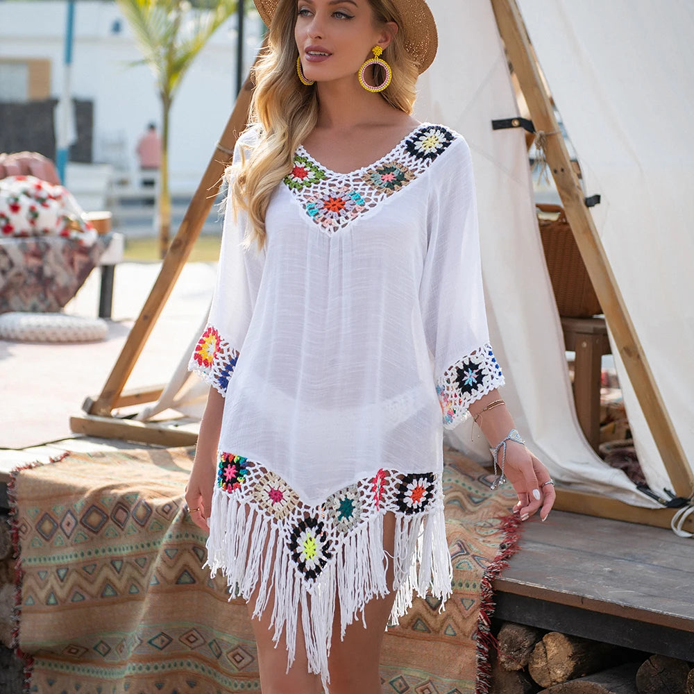 White Crochet Fringe Beach Cover-Up